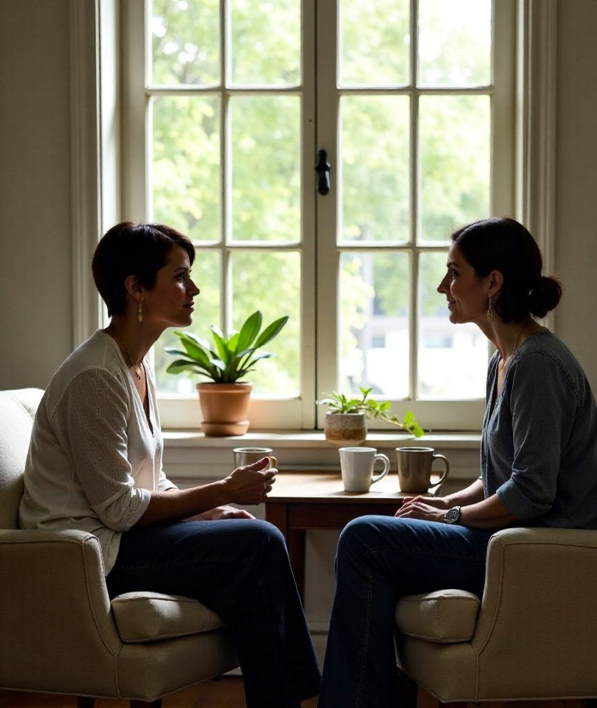 A coach and a client talking in two armchairs in a warm studio room