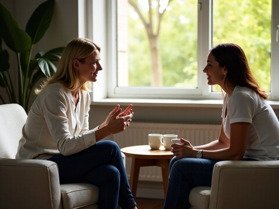 A coach and client in armchairs, mid conversation
