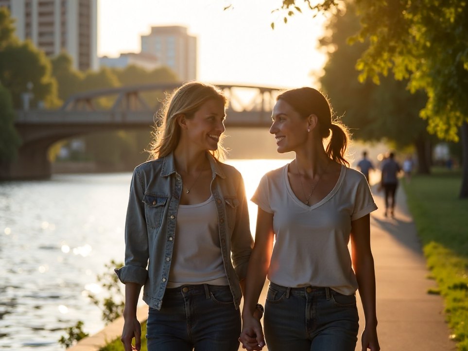 Two people walking and talking along a Brisbane river path