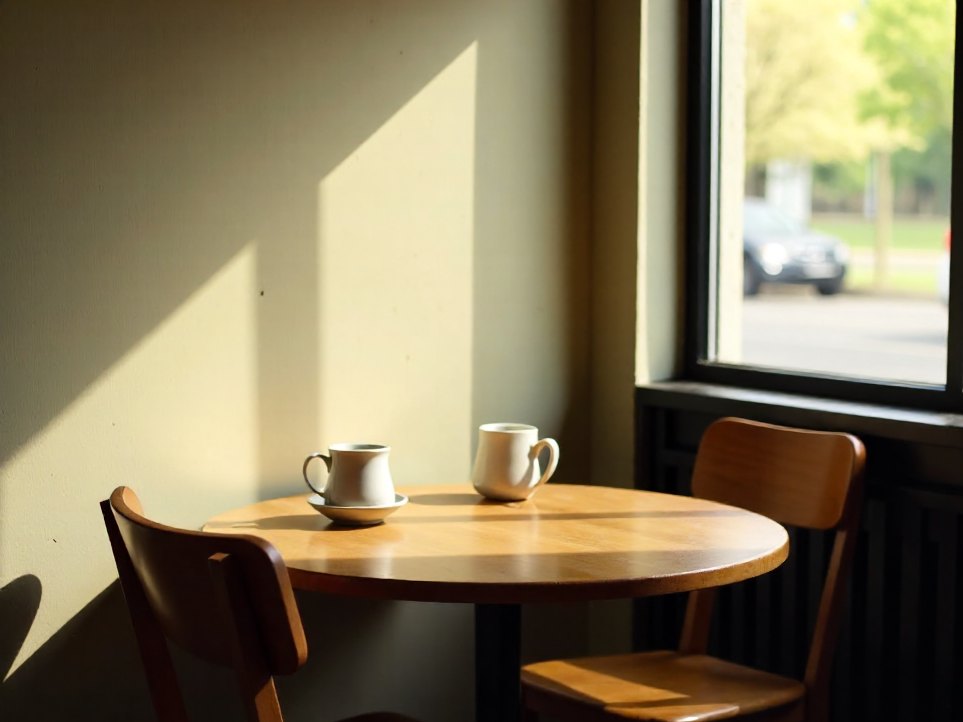 A quiet café corner with two cups on the table