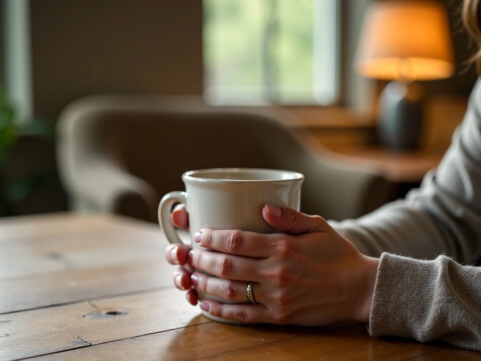 A coach's hands around a cup mid conversation