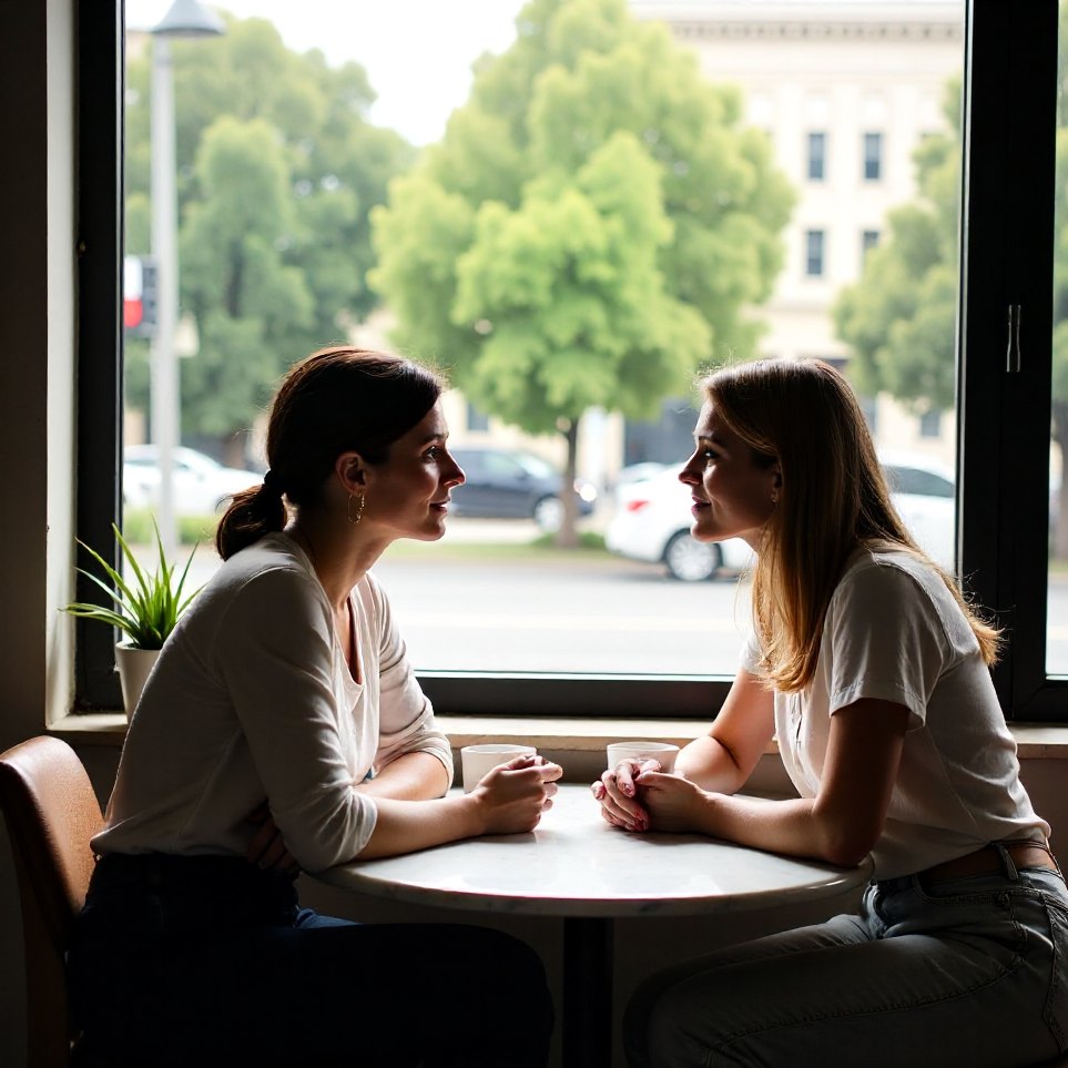 Two people talking quietly in a corner table at a café