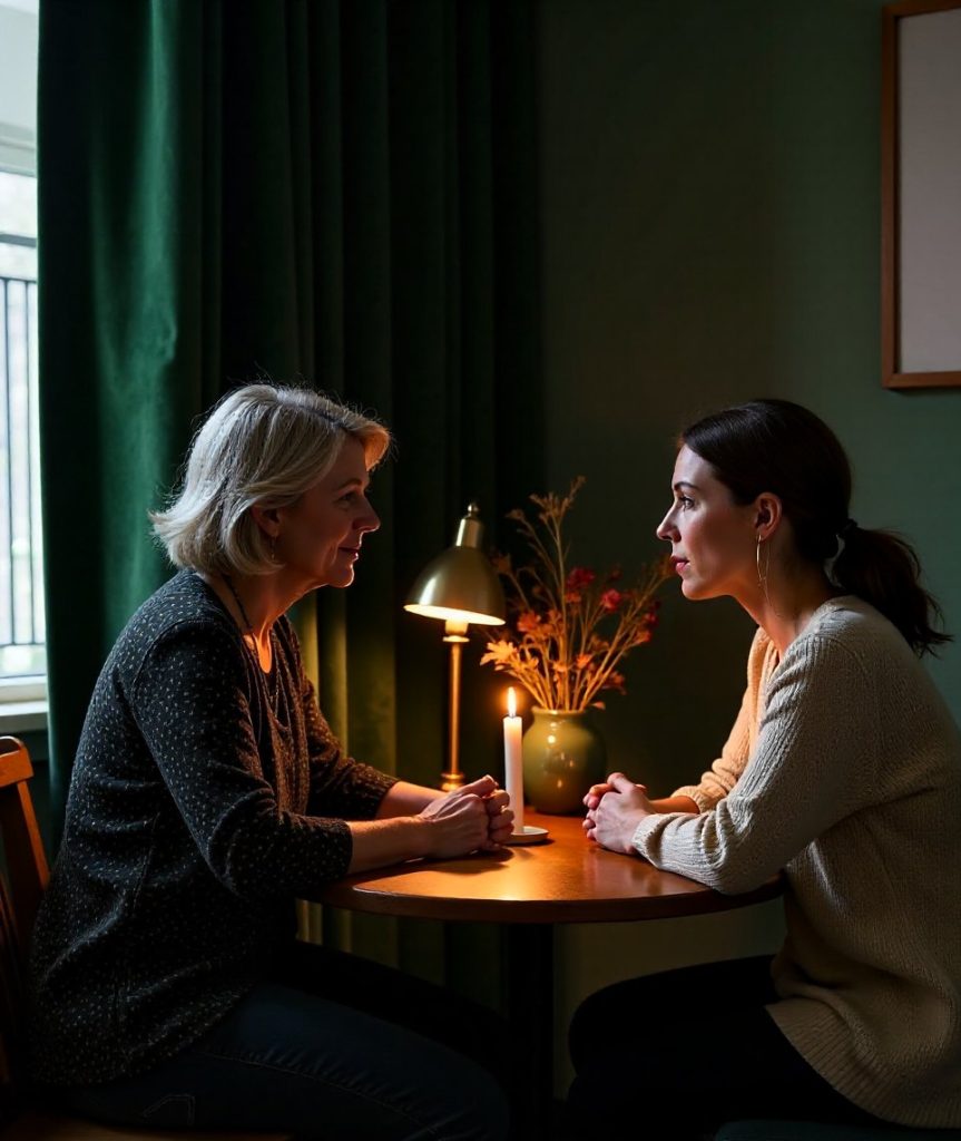 Two people talking across a small round table in a candlelit reading room