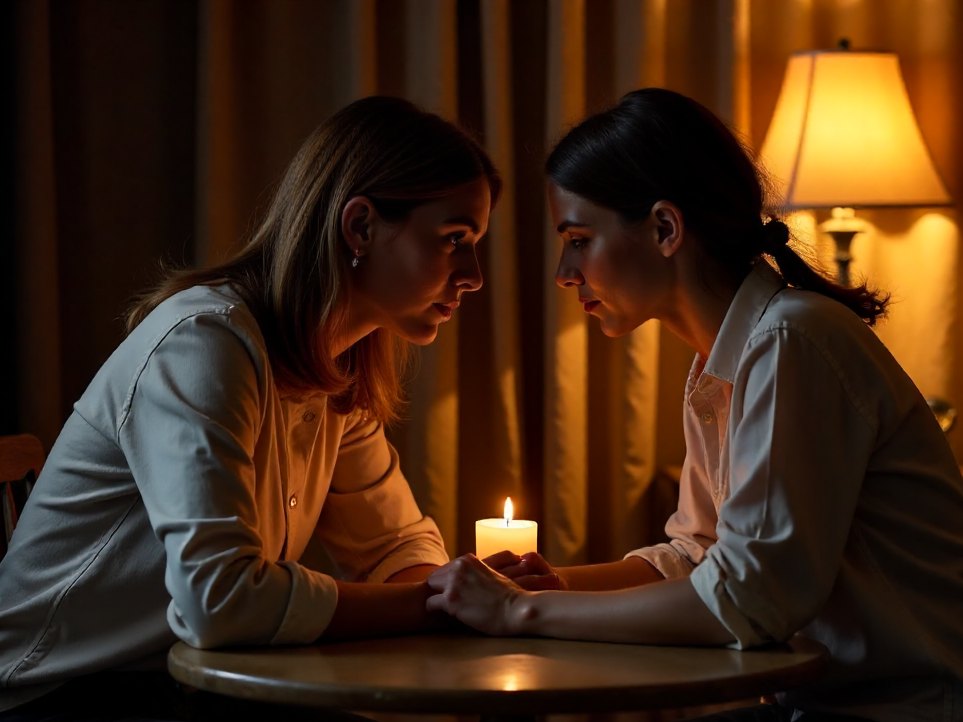 Two people mid conversation at the reading table by candlelight