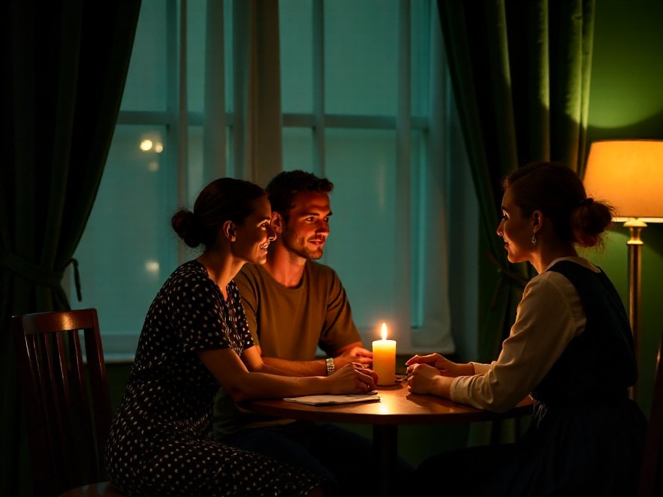 A couple talking together at the round reading table