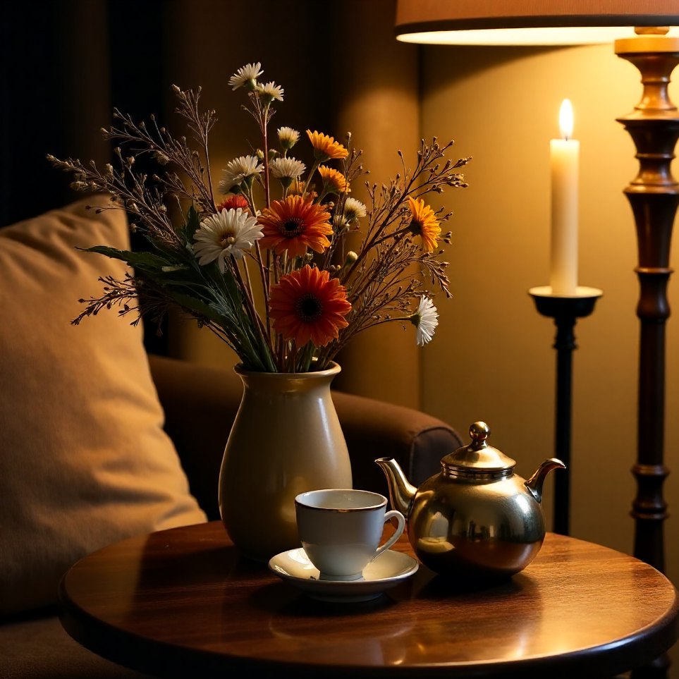 Dried flowers and a teapot on a low table by candlelight