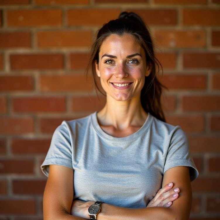 Portrait of a female strength coach in the gym, warm light