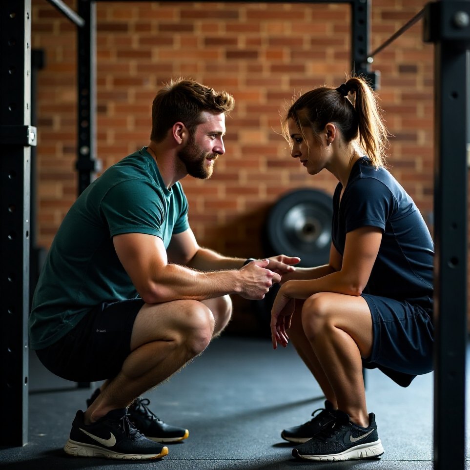 A strength coach in his thirties talking with a client beside a barbell