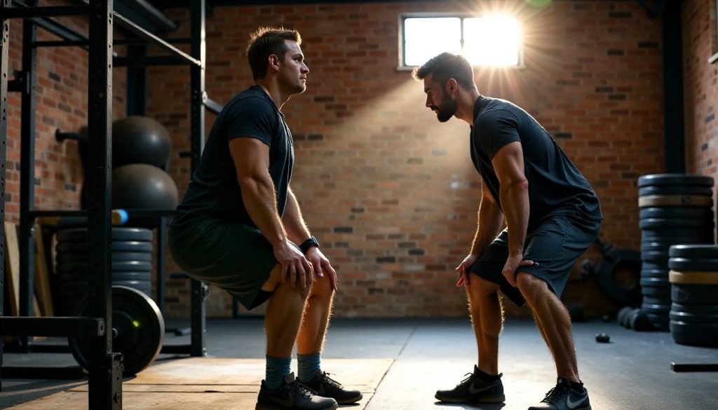 A coach spotting a lifter mid-set in a converted warehouse gym