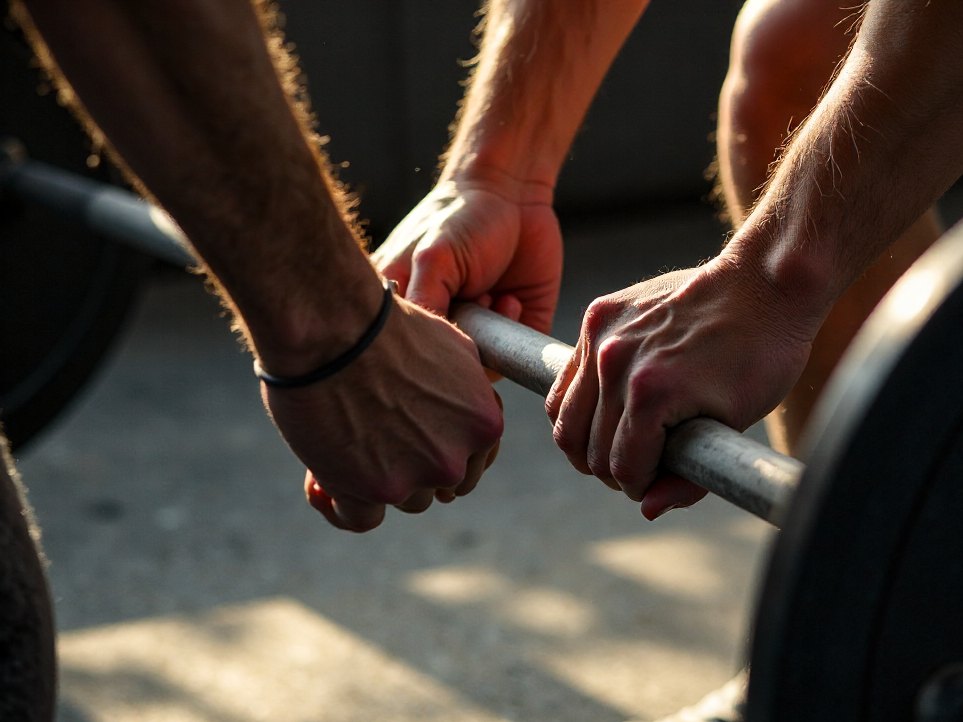Close view of chalked hands gripping a barbell