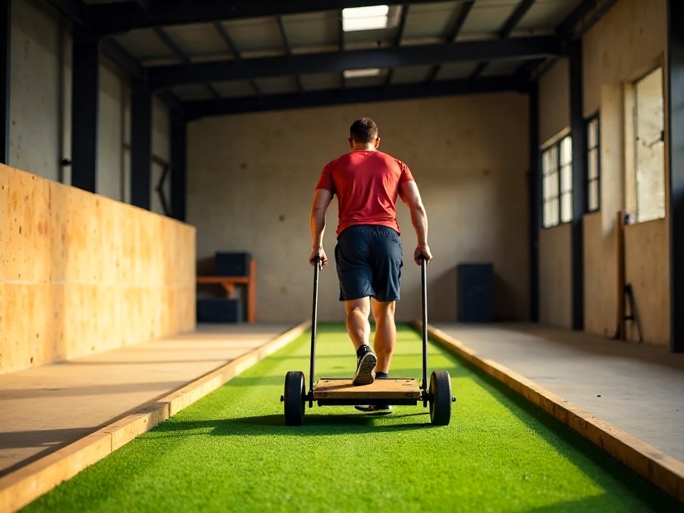 A person pushing a weighted sled across a turf lane