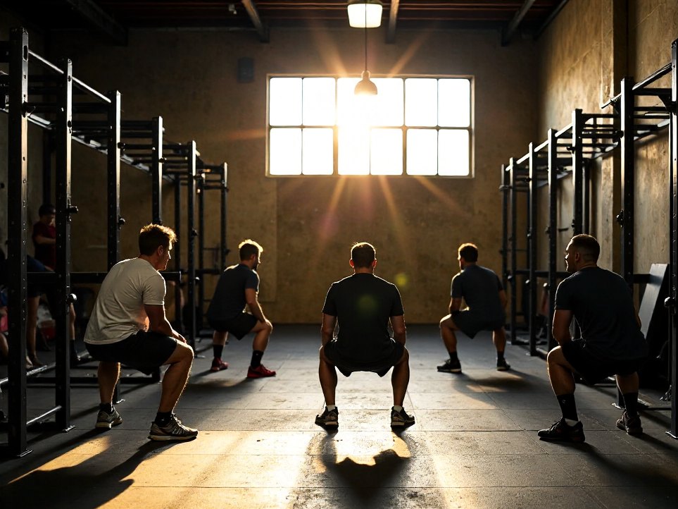 A small group of people training together in warm evening light