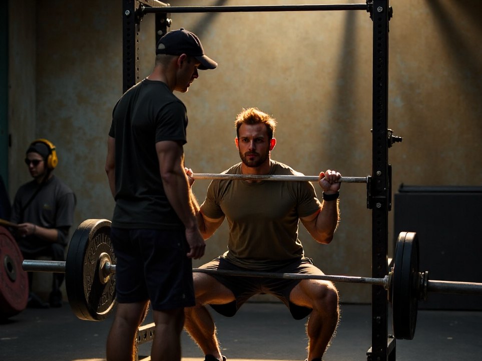 A coach spotting a lifter at the top of a lift