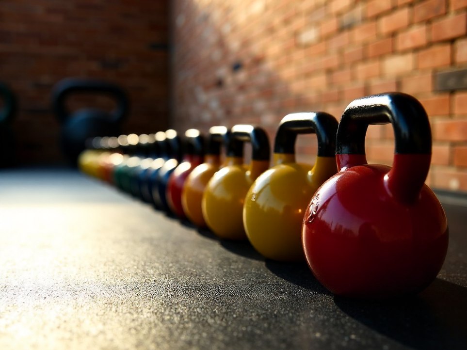 A row of kettlebells lined up on rubber gym flooring