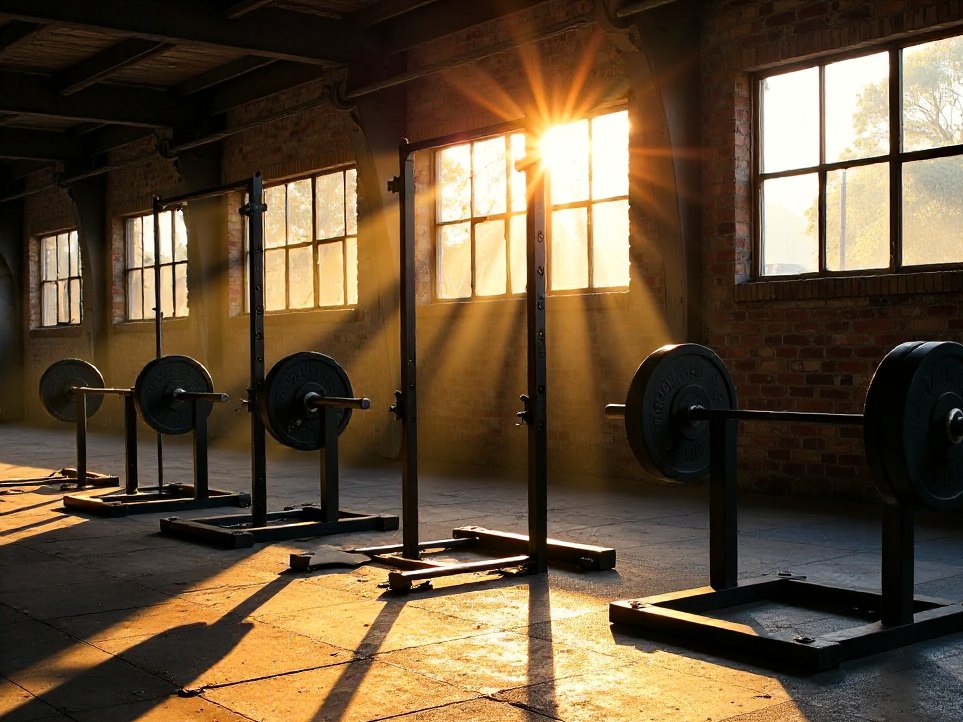 Three empty squat racks in a warehouse gym at golden hour