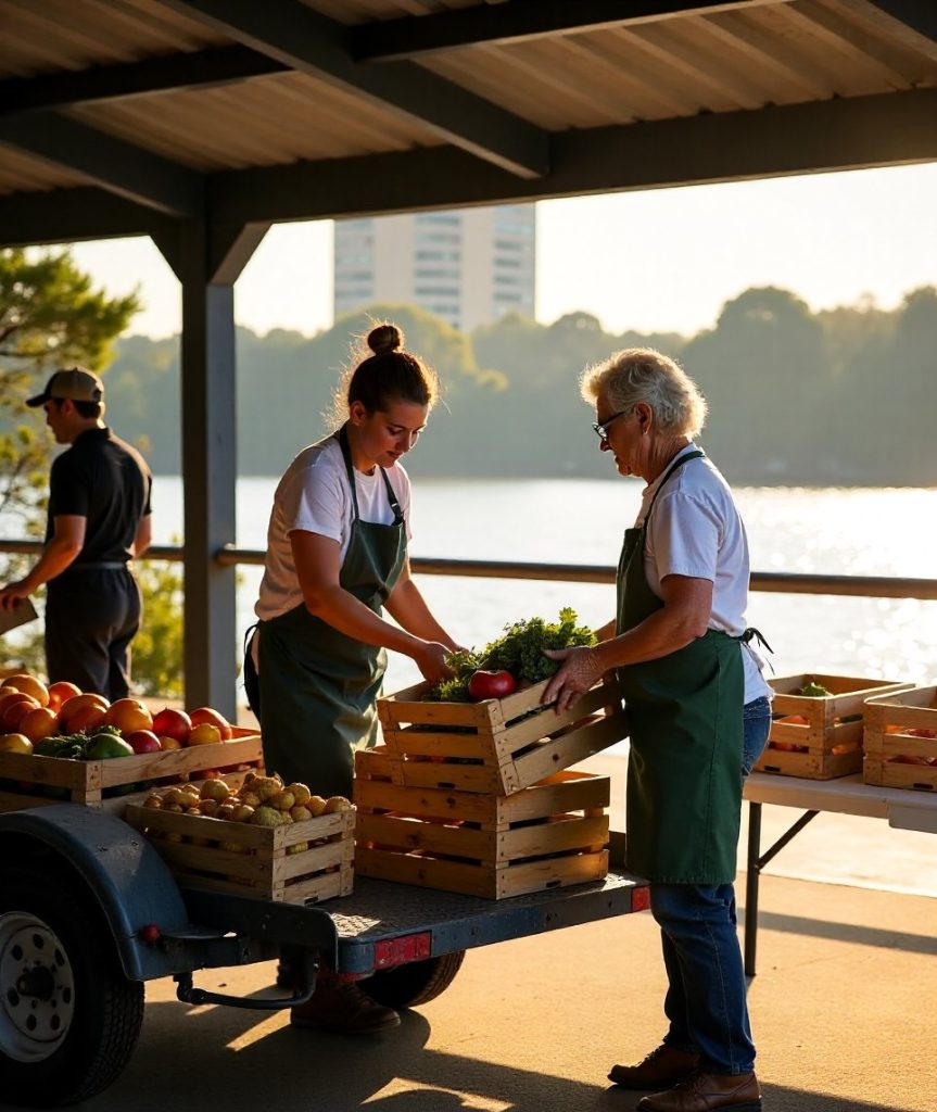 Two volunteers unloading crates of fresh produce from a trailer at a riverside park pavilion