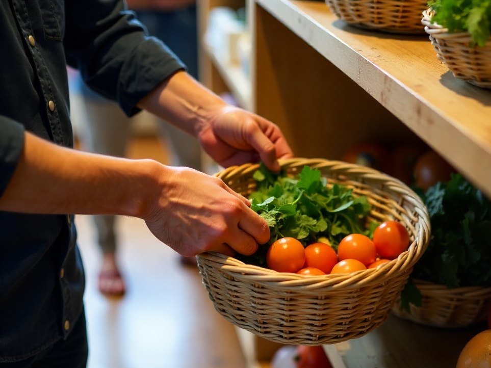 A volunteer arranging loose vegetables into a basket on a pantry shelf