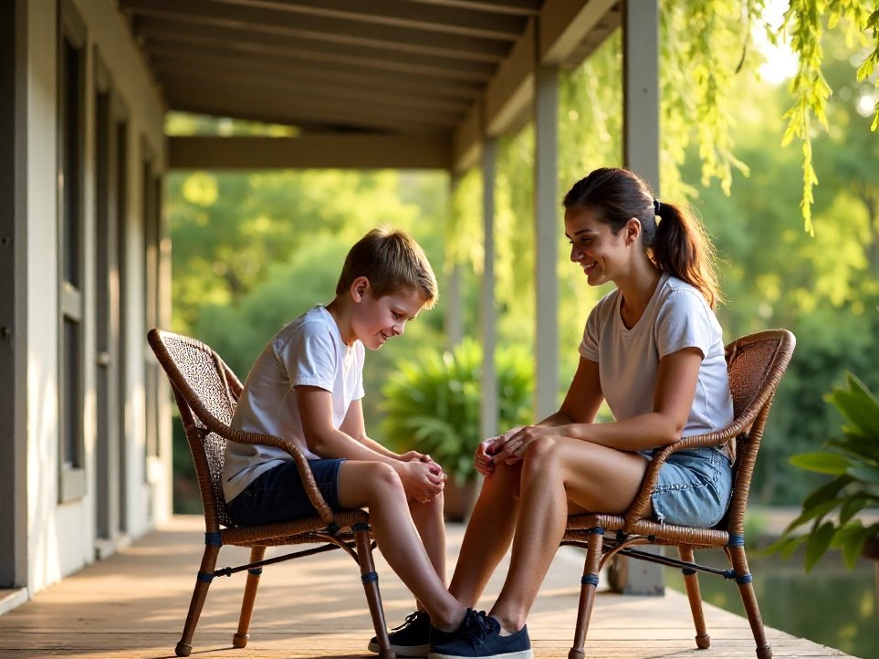 A parent and a child trying on new school shoes together on a verandah