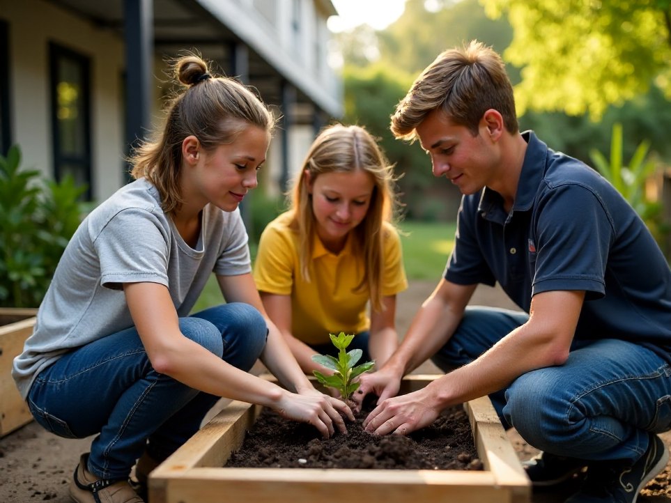 Two teenagers and a youth worker planting seedlings in a school garden bed
