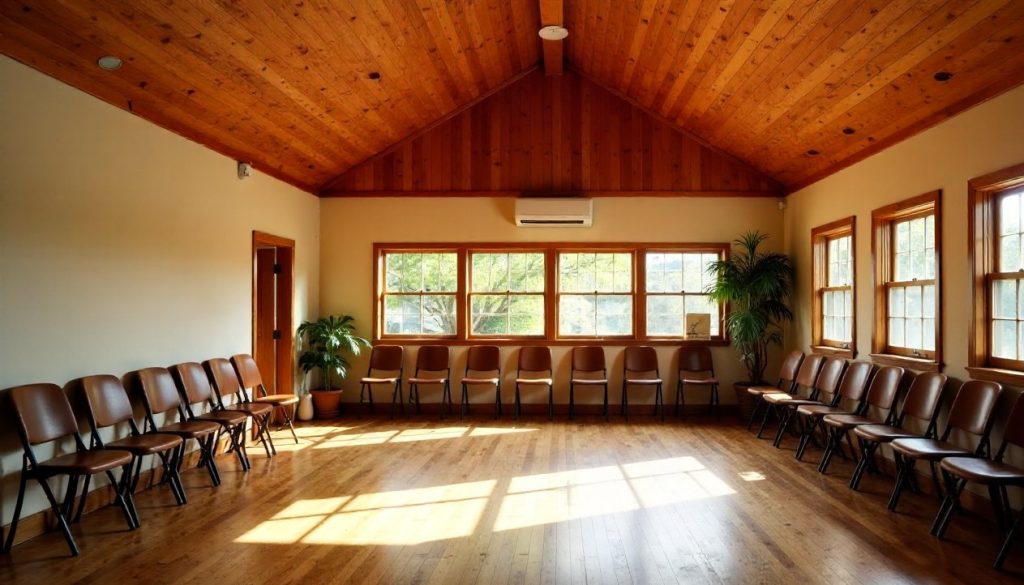 Wide interior of the Riverbank community hall