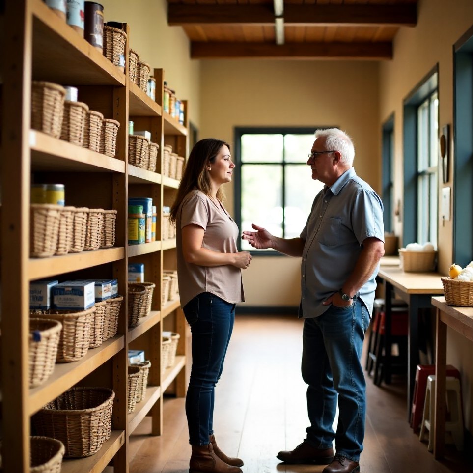 A coordinator and a volunteer talking beside timber shelving in a community hall