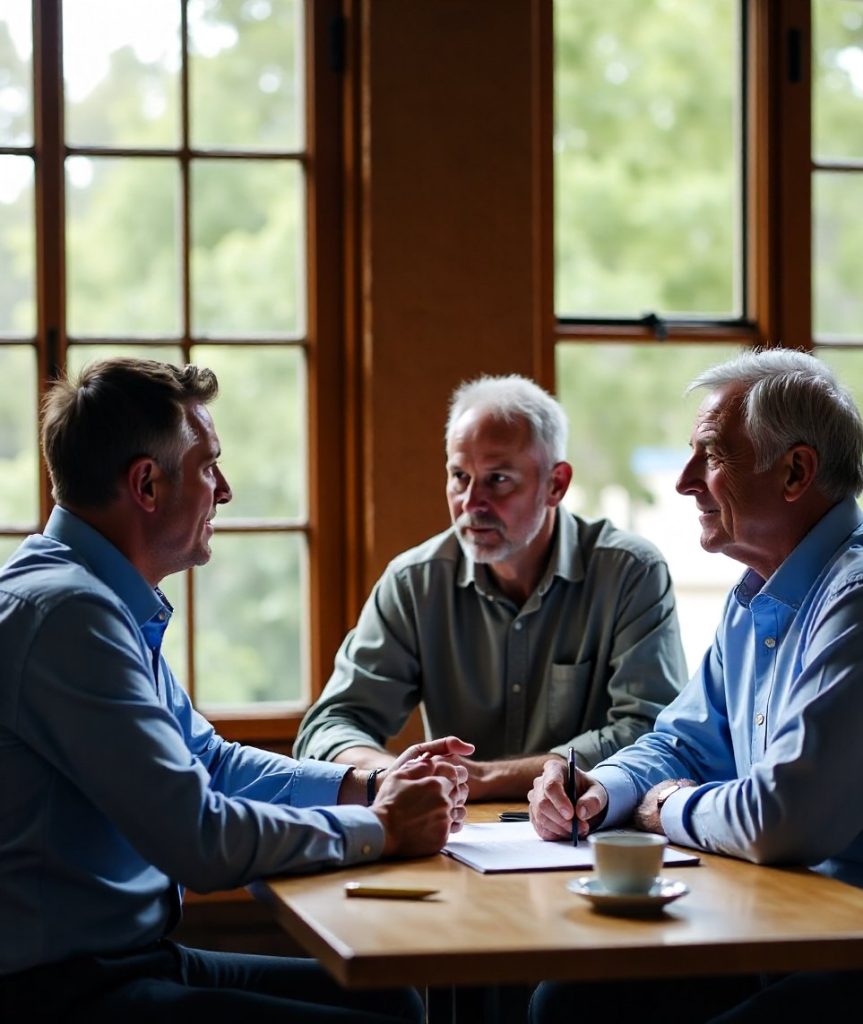 A Sableford adviser talking with a client couple at a timber table
