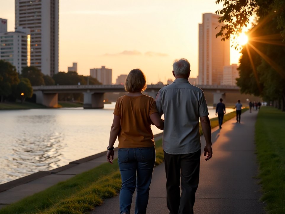 A retired couple walking along the Brisbane River at dusk