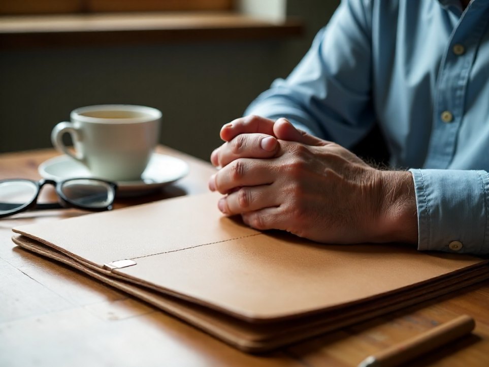 Reading glasses and a closed folder on a desk