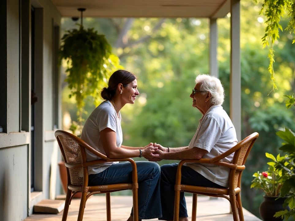 An adult daughter and her elderly mother talking on a verandah