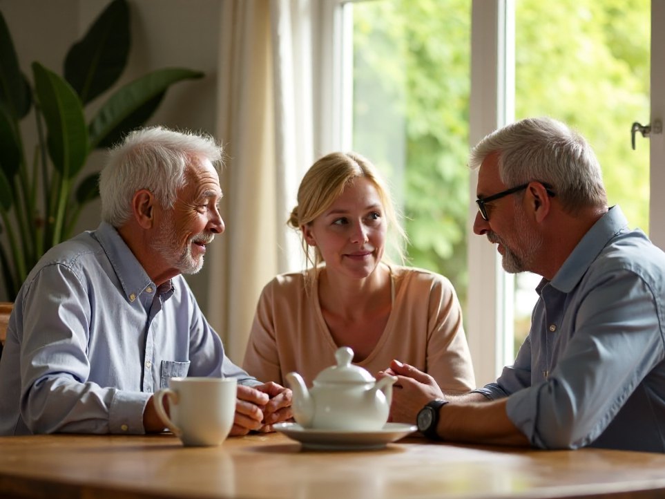 Three generations of a family around a dining table