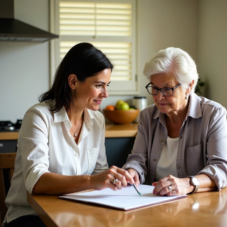 An adviser and a client going through a plan together at a kitchen table