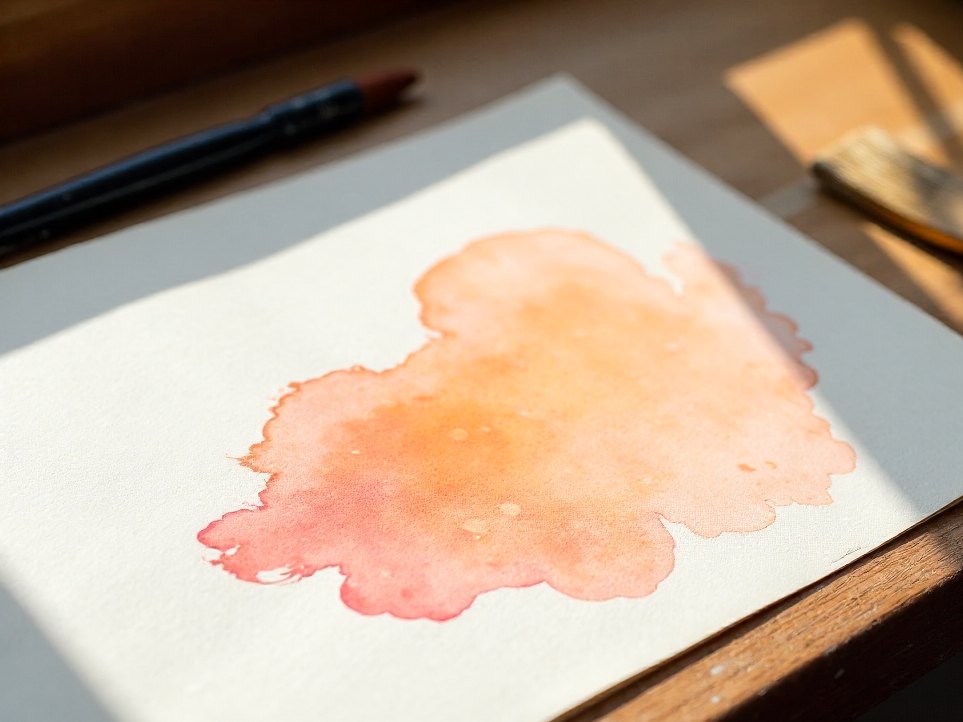 A wash of warm colour blooming on blank watercolour paper