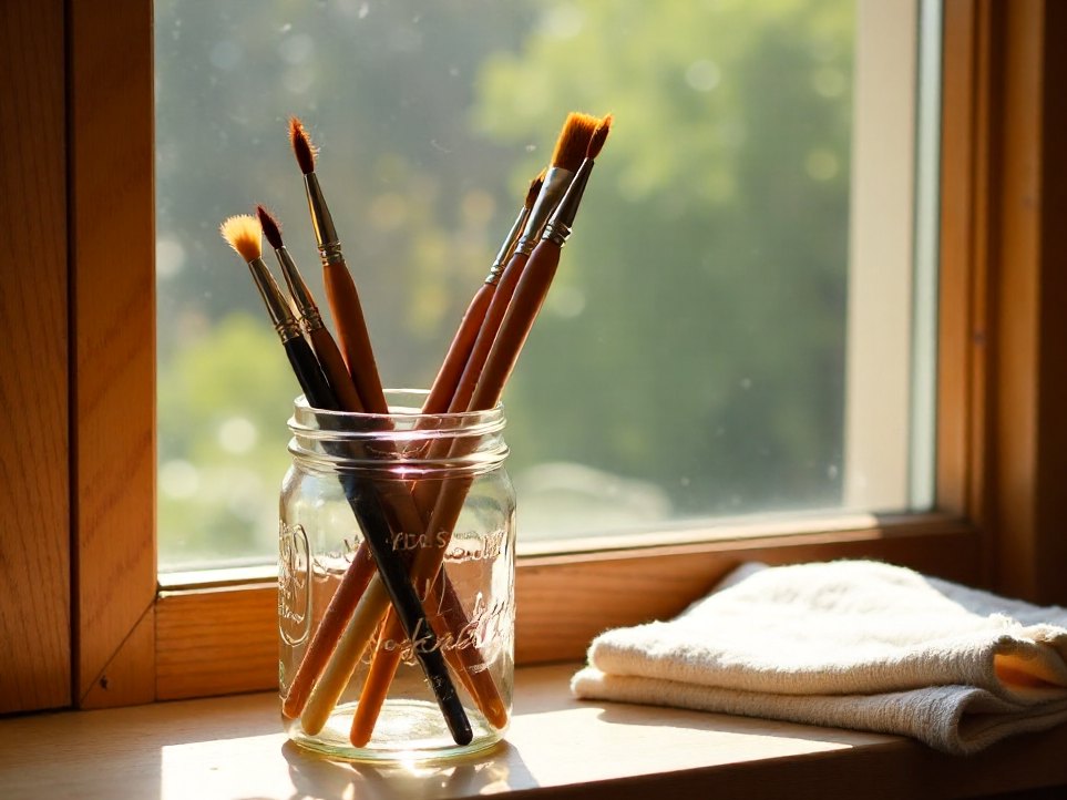 A jar of watercolour brushes on a sunlit windowsill