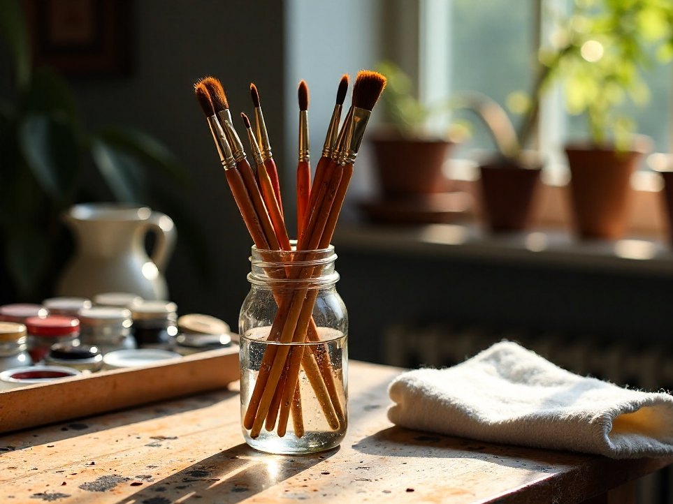 Brushes and a water jar on a paint-flecked bench