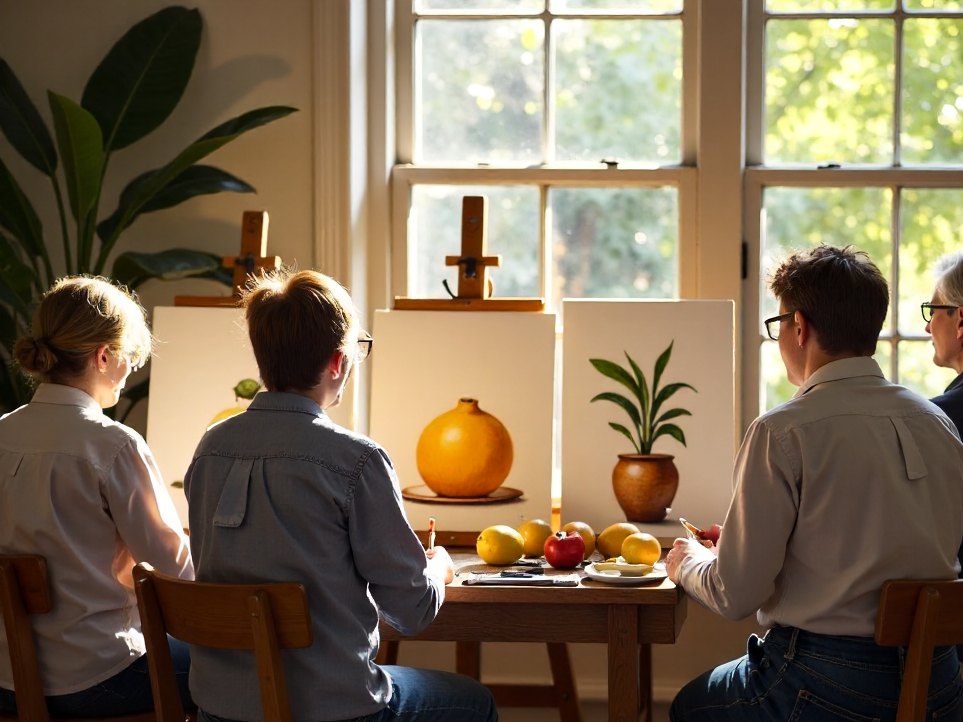 Adults painting a still life, seen from behind the easels