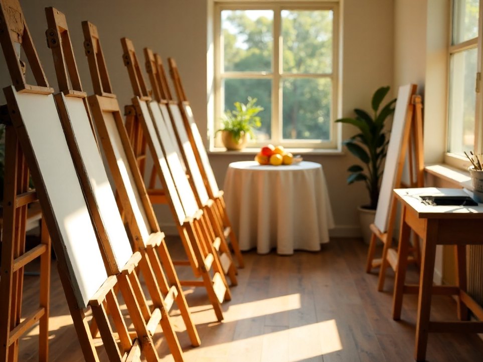 A row of easels catching afternoon light, backs turned to camera
