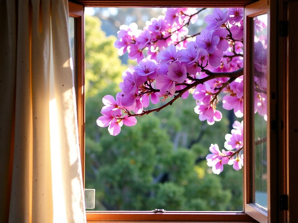 A jacaranda tree in bloom outside the studio window