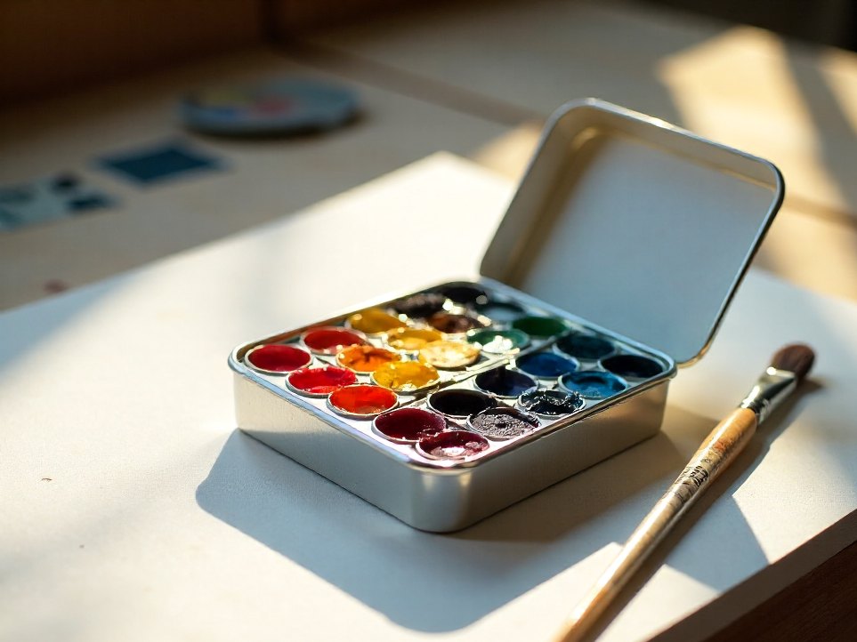 A starter palette of watercolour pans laid out on paper