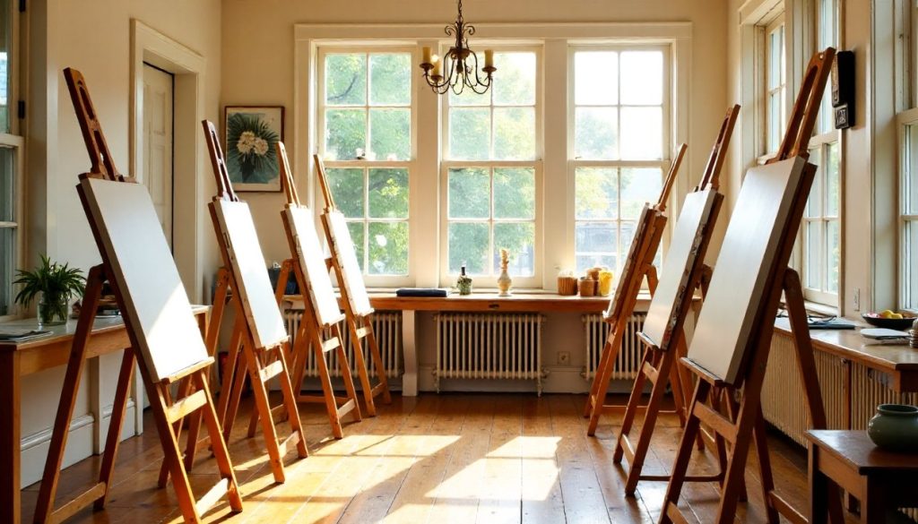 The sunlit studio at The Open Sketchbook, easels set up for a class