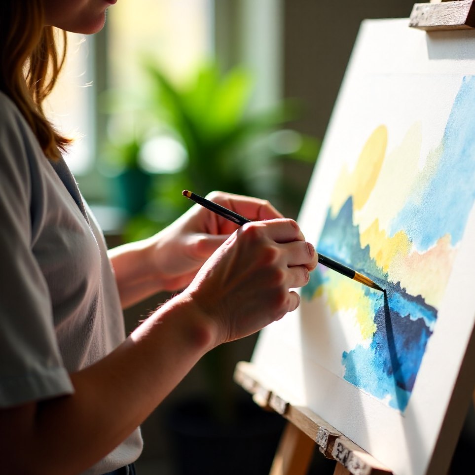 A tutor's hands guiding a student's brush at an easel