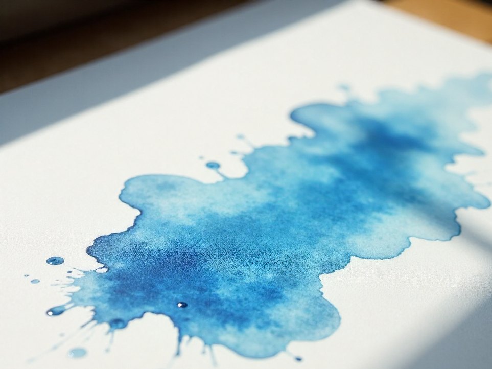 A watercolour wash blooming across blank paper, seen close