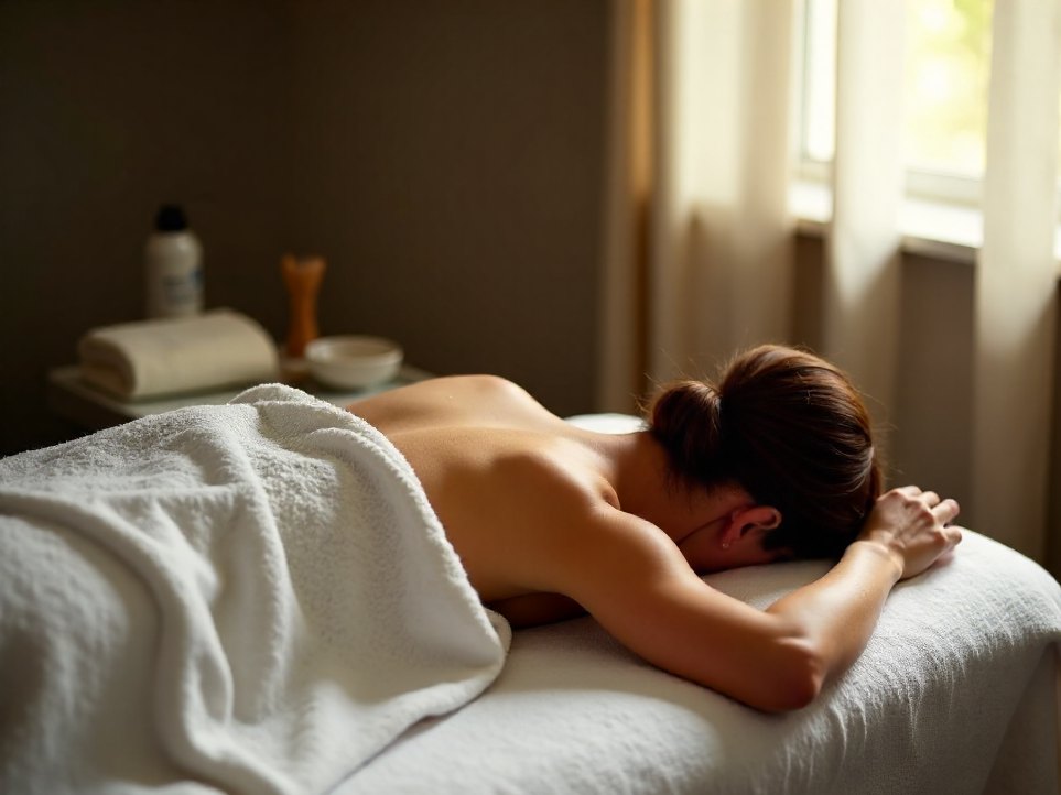 A treatment room at Solace & Steam, a client lying under a folded white sheet on the treatment table