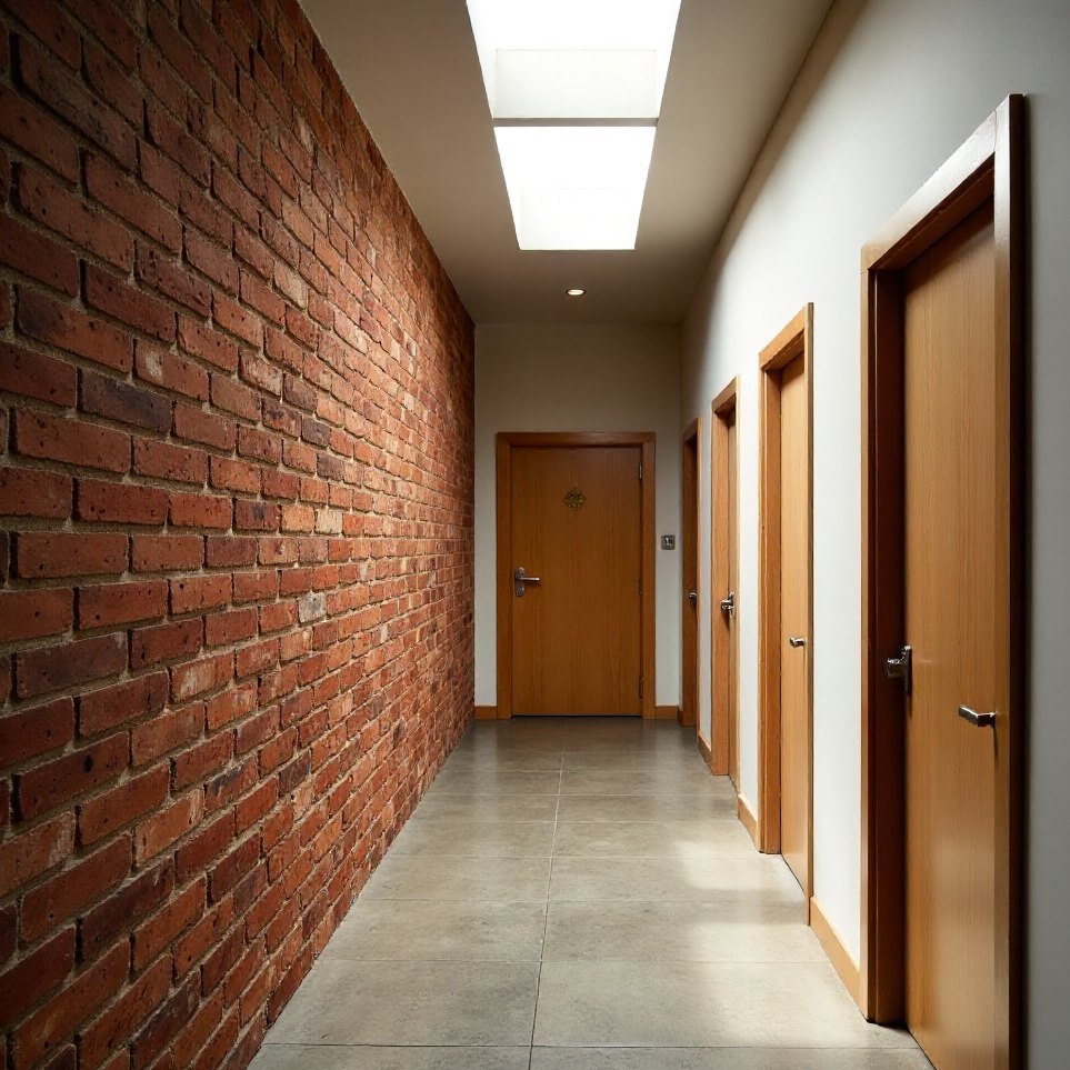 The corridor between the hair studio and the treatment rooms at Solace & Steam, exposed brick, a plain timber door