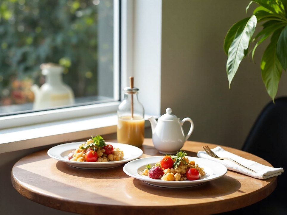 A small lunch laid beside a window for the long visit at Solace & Steam