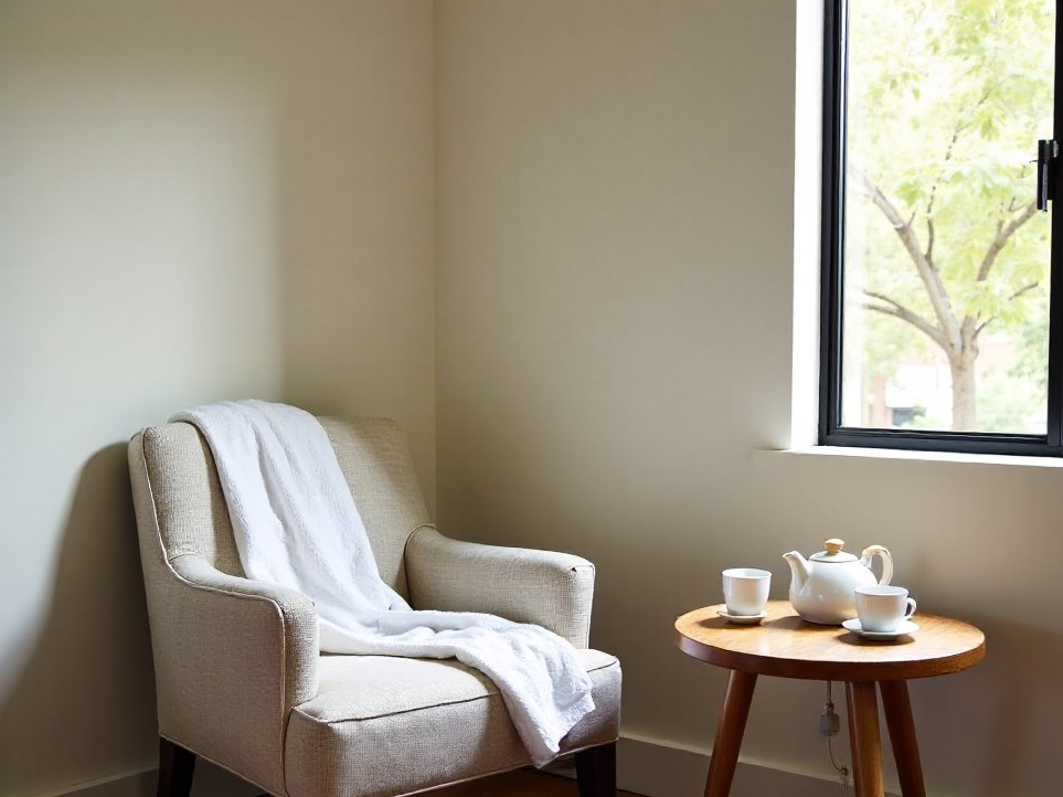The quiet room at Solace & Steam, an armchair, a folded robe and a pot of tea by the window