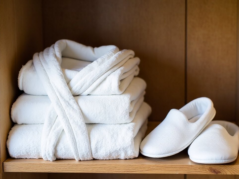 Folded robes and slippers on a shelf at Solace & Steam