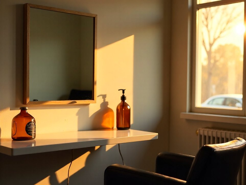 A styling chair in the hair studio at Solace & Steam, warm window light