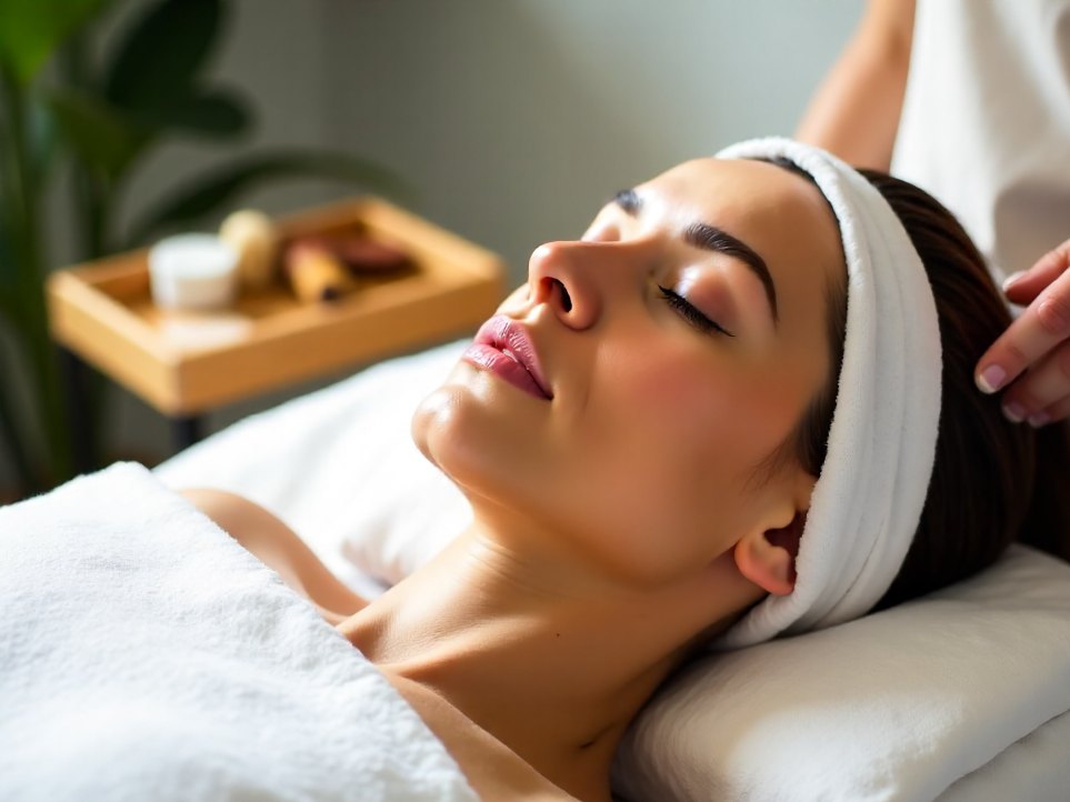 A facial in progress in the skin room at Solace & Steam, a client reclined under a folded sheet