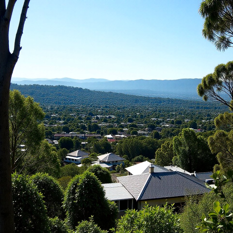 High view over the tree-lined ridges of Brisbane's north-western suburbs