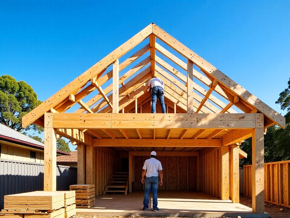 The exposed roof frame of a Queenslander extension under a clear sky